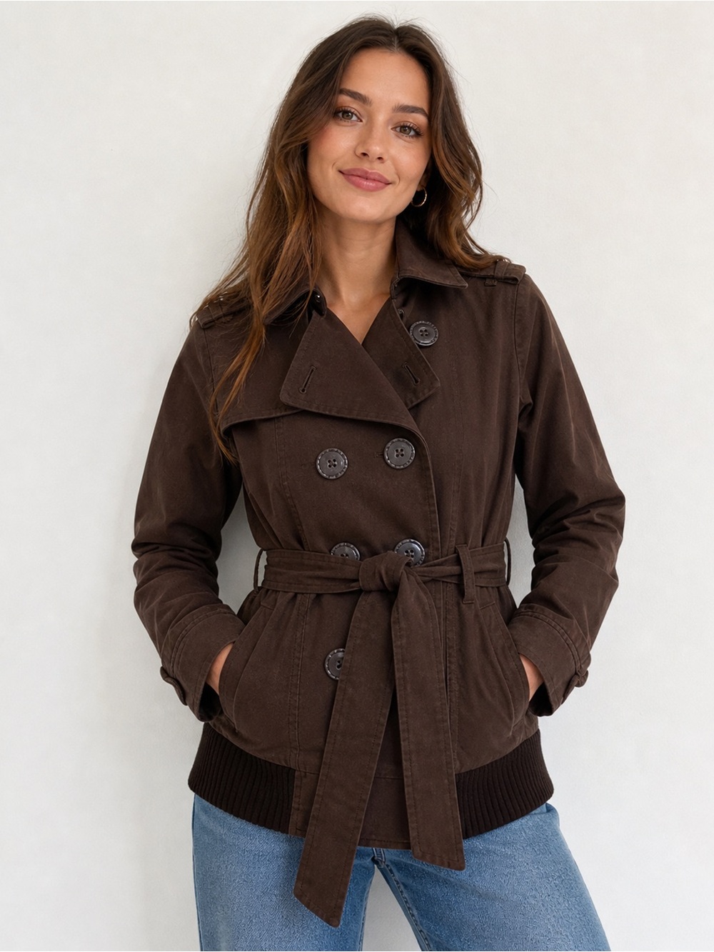 BCBGeneration Brown Double-Breasted Trench Coat with Belt